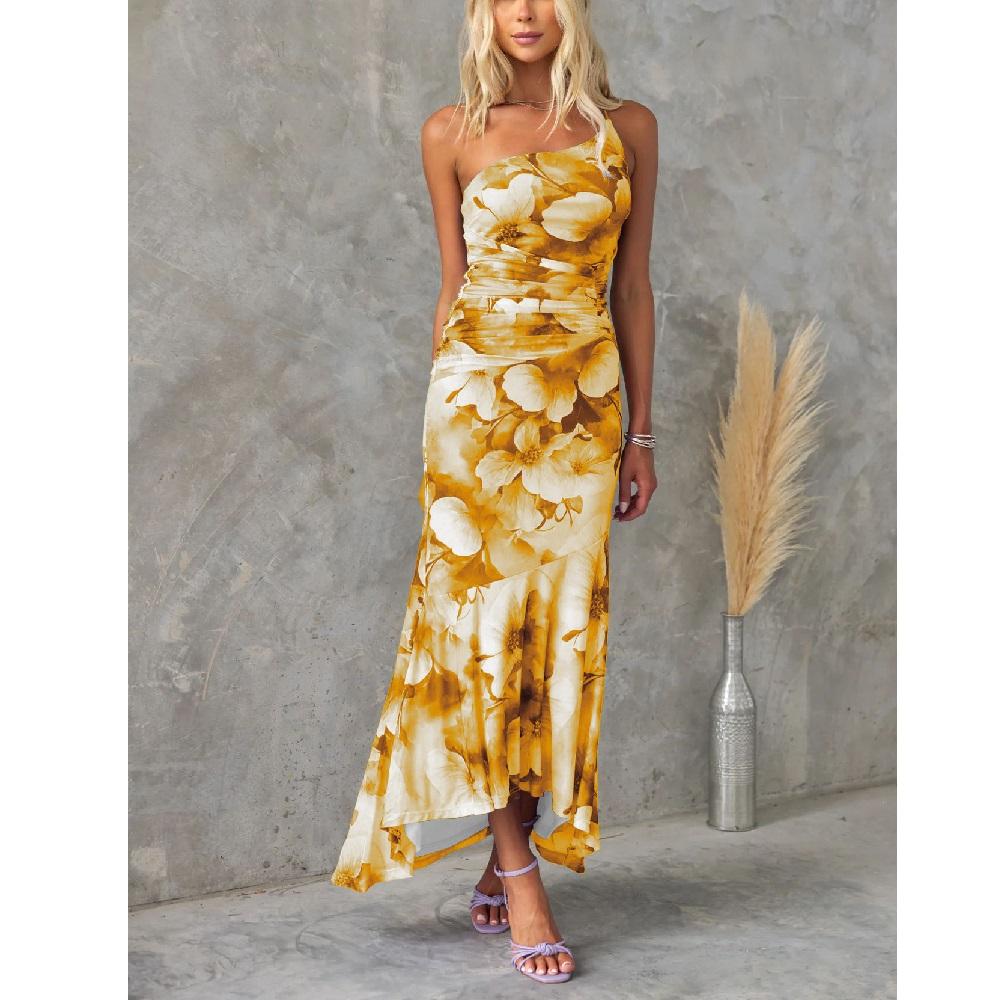 Women Summer Slash Neck Long Dresses Ladies Fashion Floral Printing Ruffle Hem Pleated Bodycon Party Maxi Dress