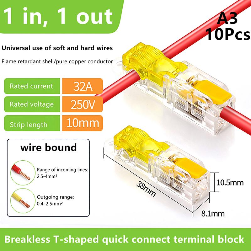 

10Pcs T-Type Stripping Free Wiring Connector With Fixing Hole Quick Branch Splice Junction Box Lever Wire Connector 32A A3
