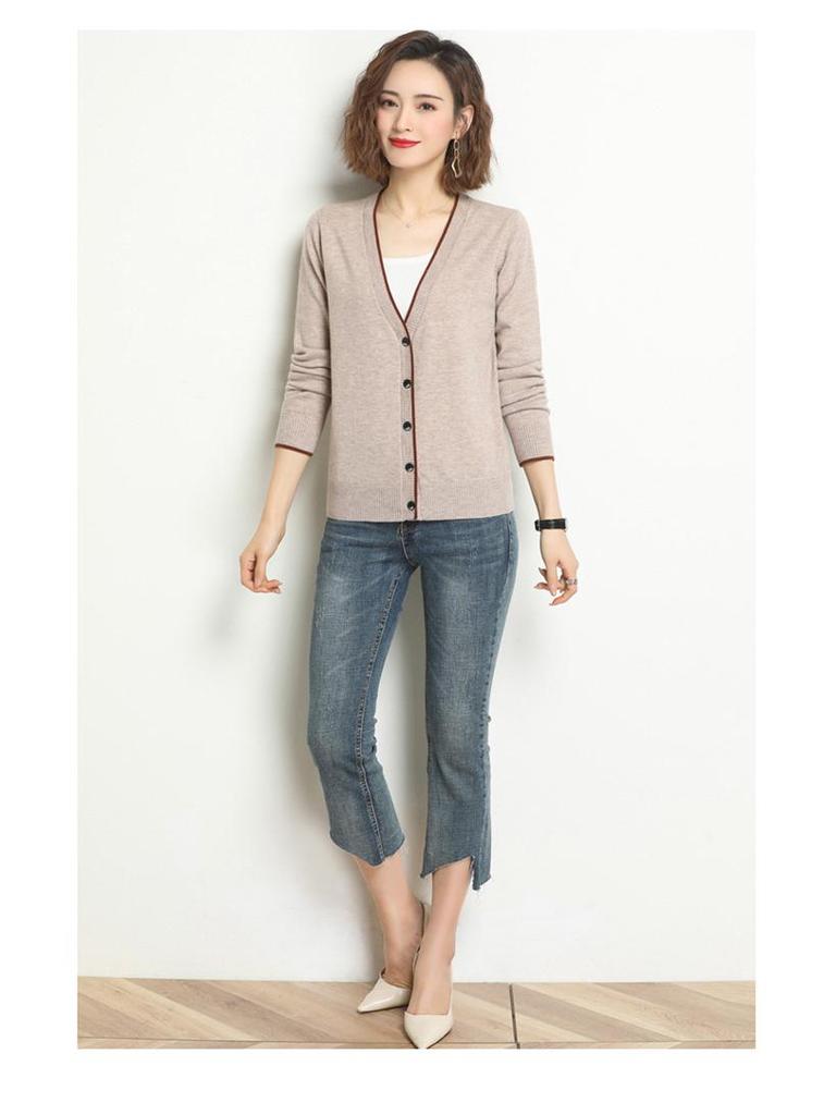 Women's Autumn V-neck Knitted Cardigan: Temperament Slimming Long Sleeve Wool Coat