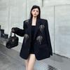 Primavera Otoño Mujer Gama Alta Personalizado Negro Americana Hombreras Suelta Manga Larga Diseñador Detalle de Pedrería Estilo Nicho Traje Ropa Exterior