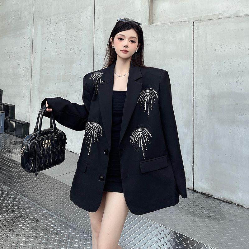 Primavera Otoño Mujer Gama Alta Personalizado Negro Americana Hombreras Suelta Manga Larga Diseñador Detalle de Pedrería Estilo Nicho Traje Ropa Exterior
