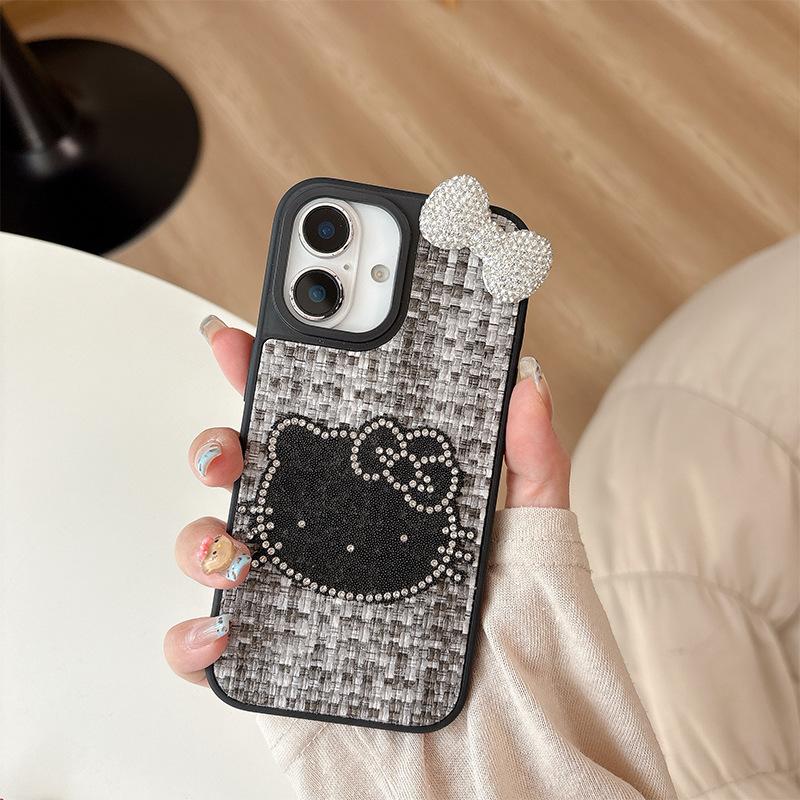 Rhinestone Kt Cat Mobile Phone Case Is Suitable For Apple 17 Leather Pattern Iphone16Promax Bow Tie 15 Women'S Anti-Drop.