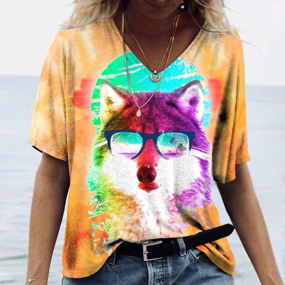 Summer New Women‘s T-shirt Animal Harajuku 3d Print Fashion V-neck Short Sleeve Quality Oversized T-shirt Females Tops Tees