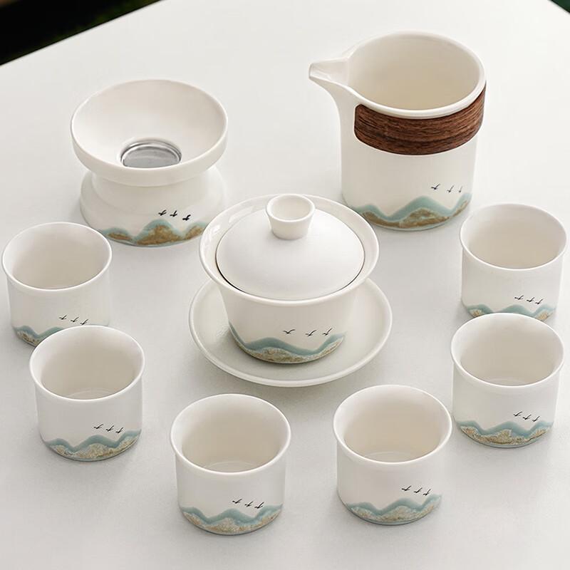 Rustic Ceramic Mountain Bird Gaiwan Tea Set