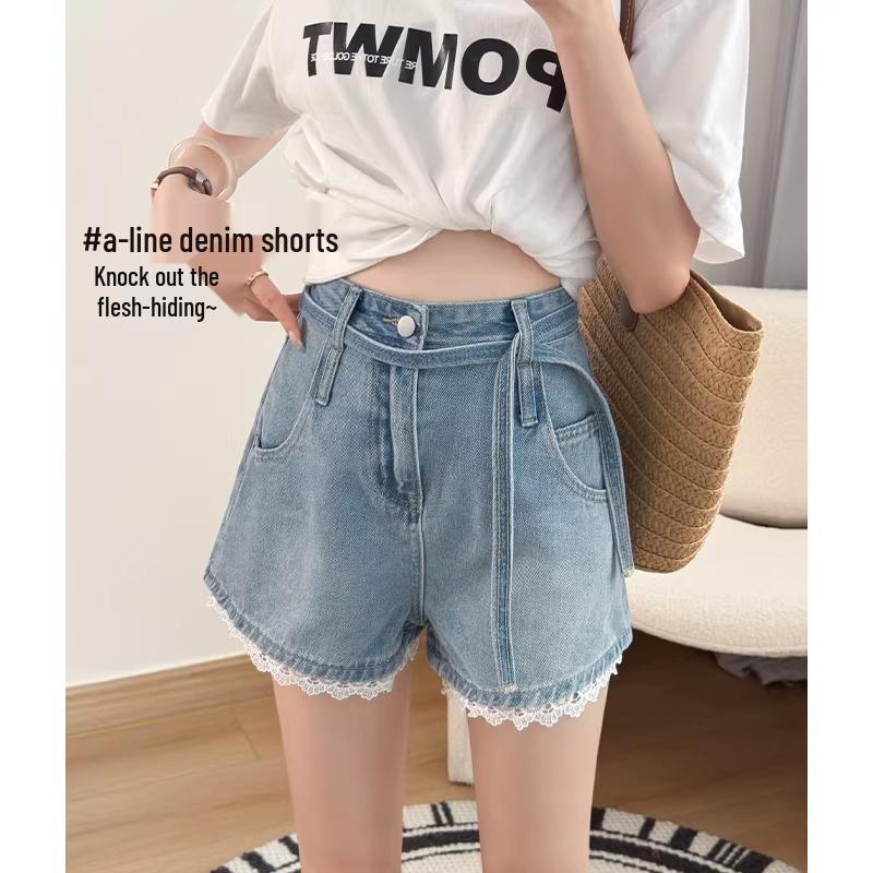 Plus Size Lace Trim High-Waist Denim Shorts - Women's Casual Loose A-Line Summer Pants