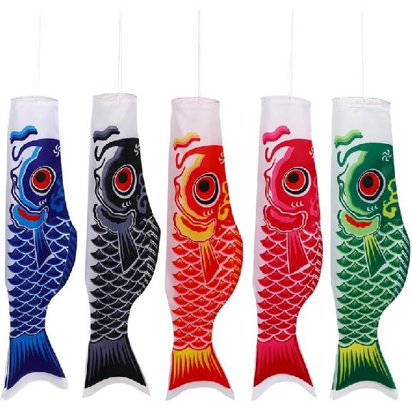 DOITOOL 5 Pcs Japanese Carp Windsock Streamer Fish Flag Kite Koinobori Hanging Decor for Japanese Sushi Bar Izakaya Room (70x17cm)