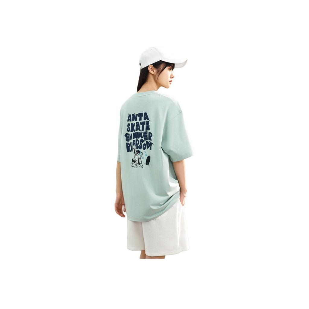 Anta Comfortable Letter Cartoon Print Simple Versatile Loose Fit Drop Shoulder Sports Short Sleeve T-Shirt Unisex Tops Sky-Blue 172528114-2