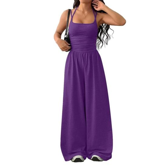 Tuta estiva da donna senza maniche con spalline sottili, outfit intero, casual, pantaloni lunghi a gamba larga, tute