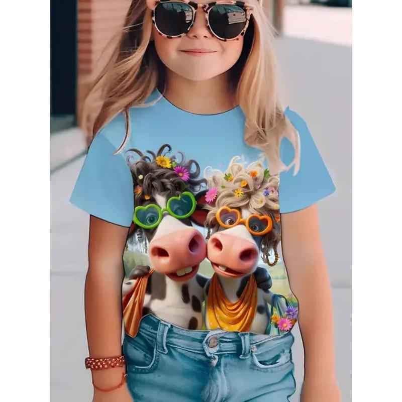 Casual Mode Söt Djurmönstrad Barn Dam Kortärmad T-shirt