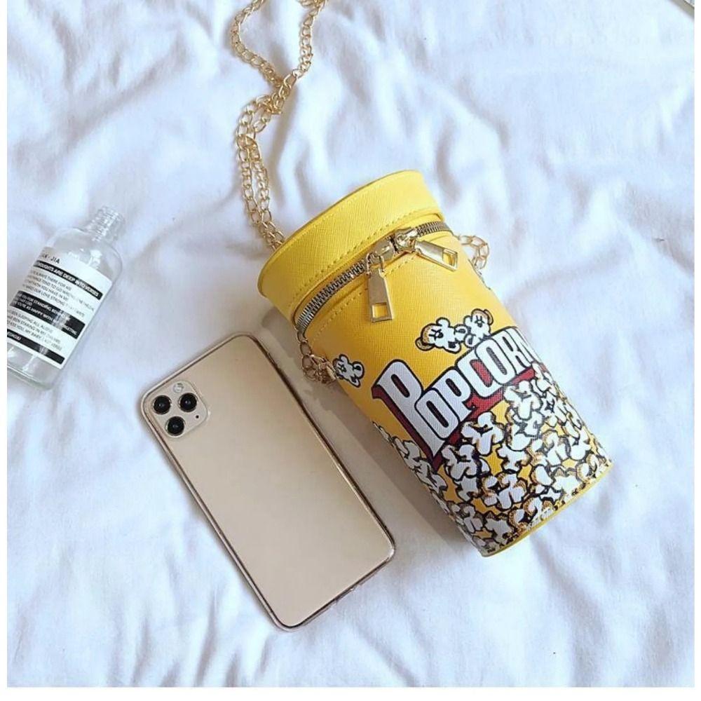 New PU Popcorn Design Bucket Bag Chain Creative Crossbody Bag Trendy Fashion Cylinder Purse
