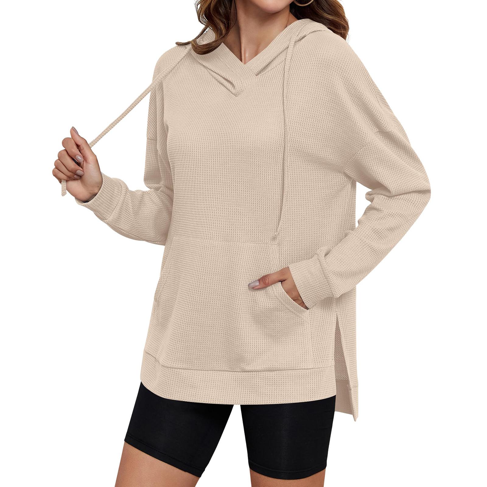 

Women s Fashion Oversized V-Neck Long-Sleeve Hoodie With Side Slits In Solid Color L бежевий