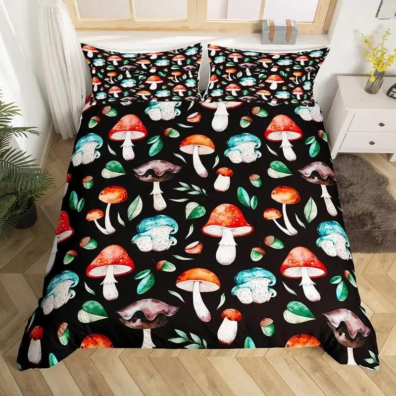 Cute Mushroom Duvet Cover Set Microfiber Hippie Theme Exotic Plant Mushrooms Bedding Set Kawaii Fungus Comforter Cover Twin King