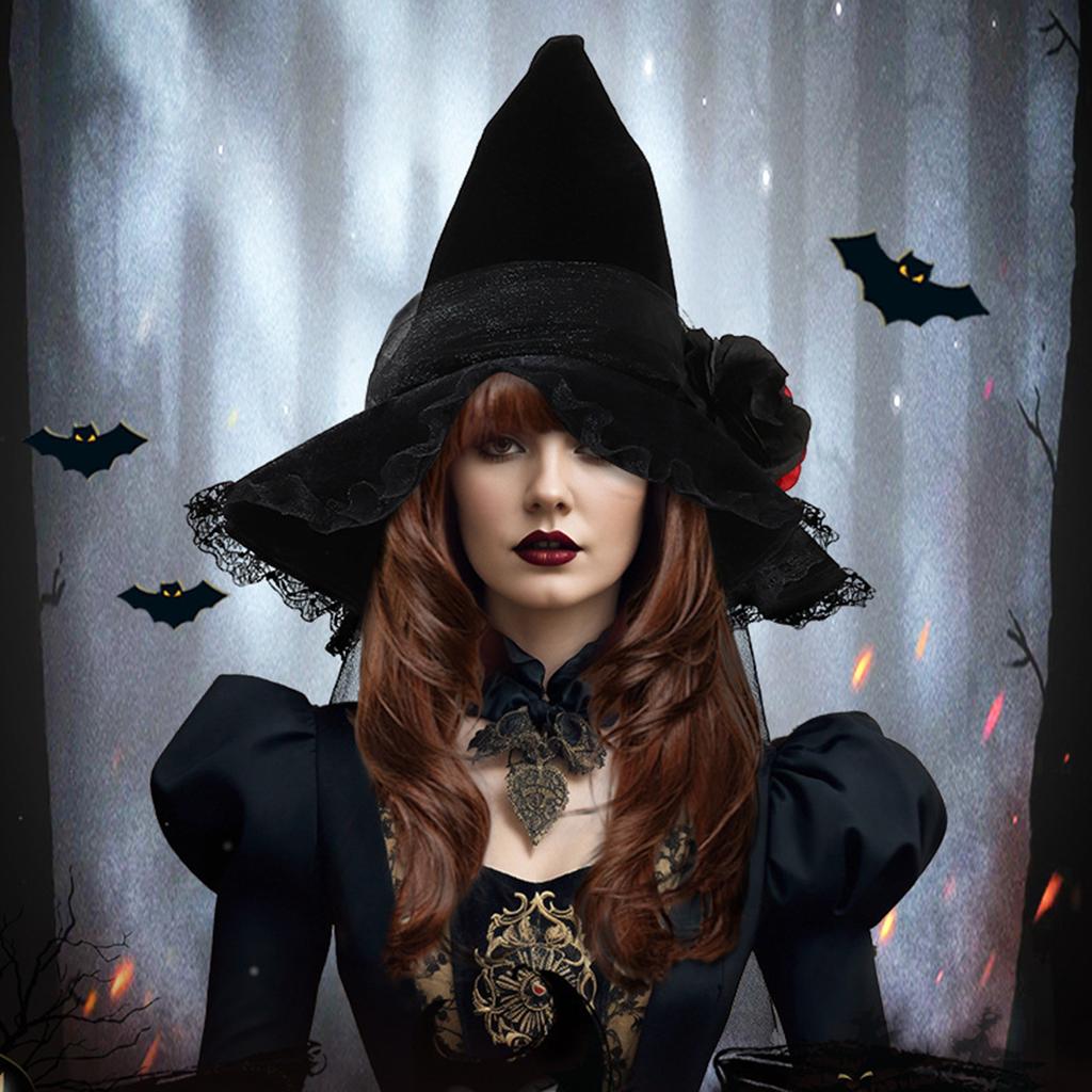Nuovo Cappello da Strega Barocco di Halloween Regina Goth Rete Fiori Artificiali Accessori Vestito Cappello da Strega Natale
