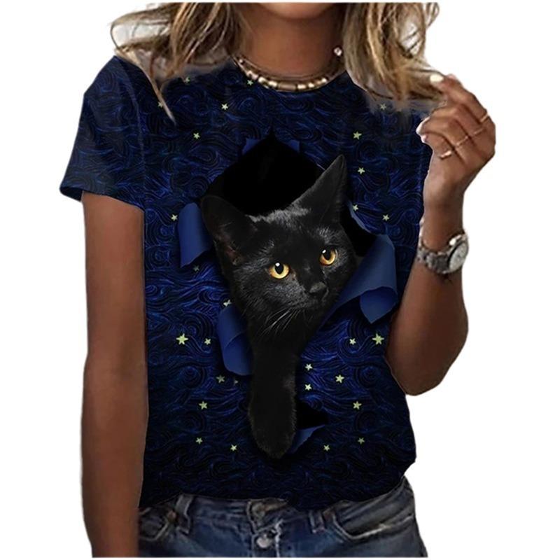 Animal Series Digital 3D Printed Men's Women's Short Sleeved T-shirt Cute Cat Round Neck Base Top