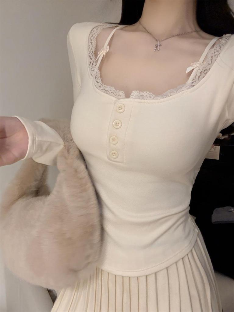 Women's Red Lace Patchwork Long Sleeve Slim-Fit T-shirt - Autumn/Winter Trendy Base Layer Top