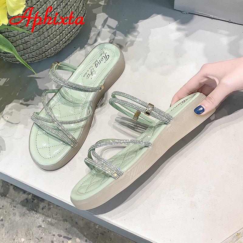Aphixta New Crystals Sandals Women Shiny Rhinestones Summer Beach Female Flip Flops Glittering Slippers Lady Bling Shoes