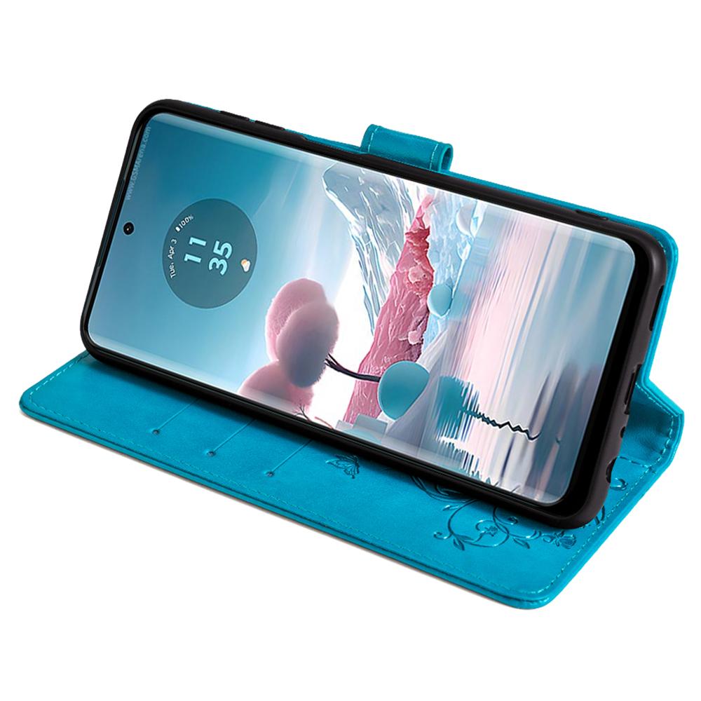 For Motorola Edge 40 Neo 5G Phone Case with Wrist Strap Butterfly Flower Imprinted Leather Flip Cover