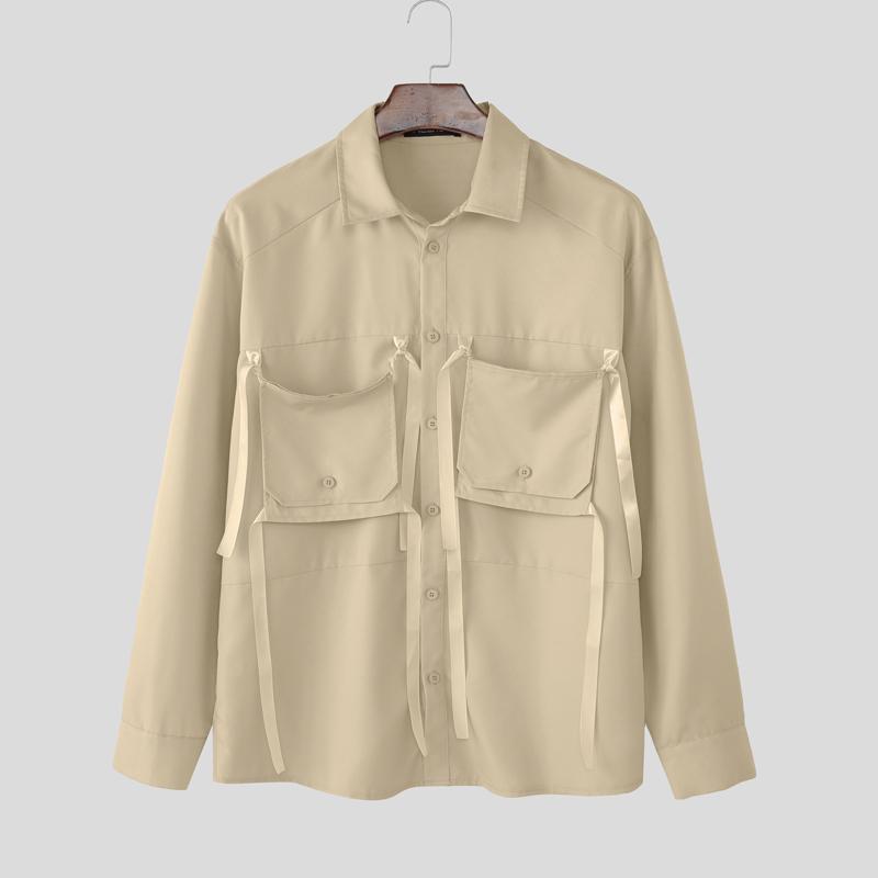 

INCERUN Men Lapel Neck Long Sleeve Button Up Pockets Casual Shirts Tops 5XL абрикосовий