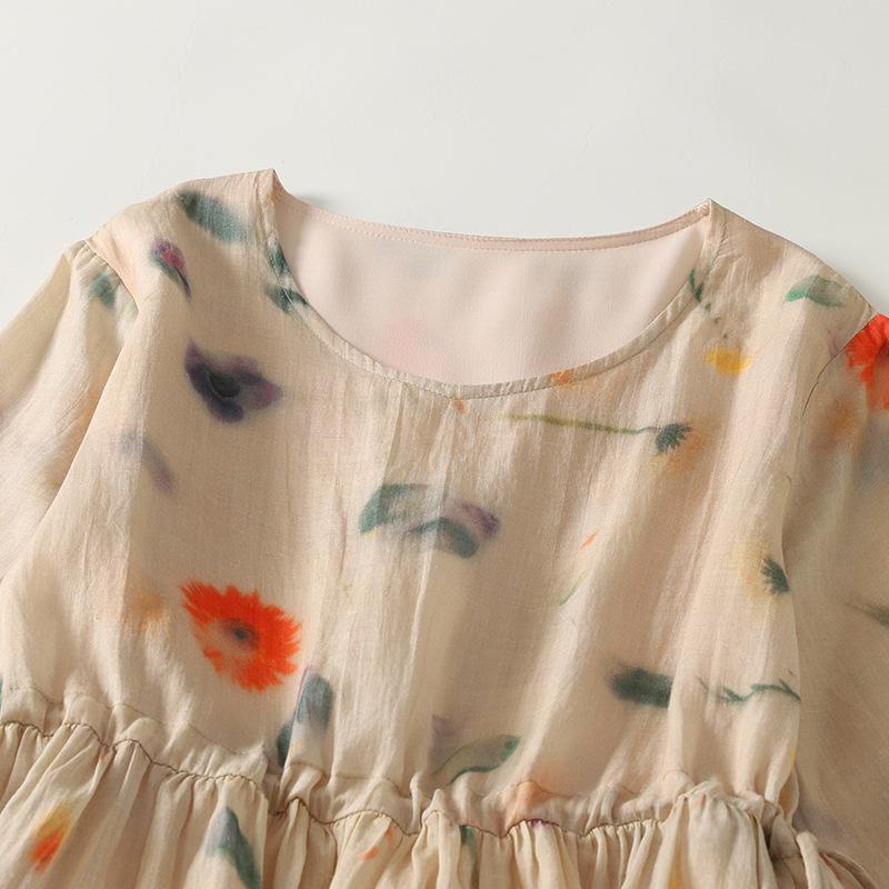 Rochie Midi Imprimată cu Decolteu în V din Bumbac și In - Stil Casual, Larg și Subțietor, Colecția Primăvară/Vară 2025