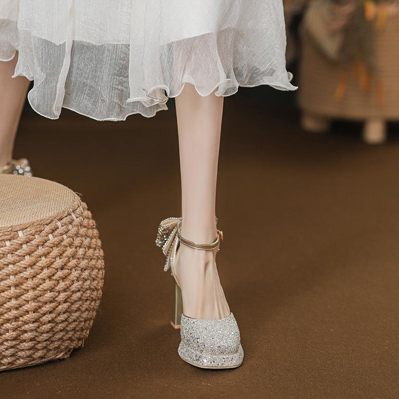 French engagement shoes female Mary Jane autumn 2025 new wedding gift square head thick heel temperament high heels