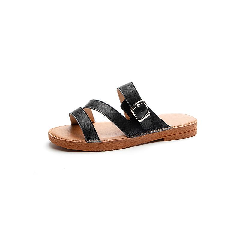 2025 New Summer Cowhide Flat Heel Soft Bottom Daily Casual Breathable One-word Buckle Lightweight Roman Slippers Women