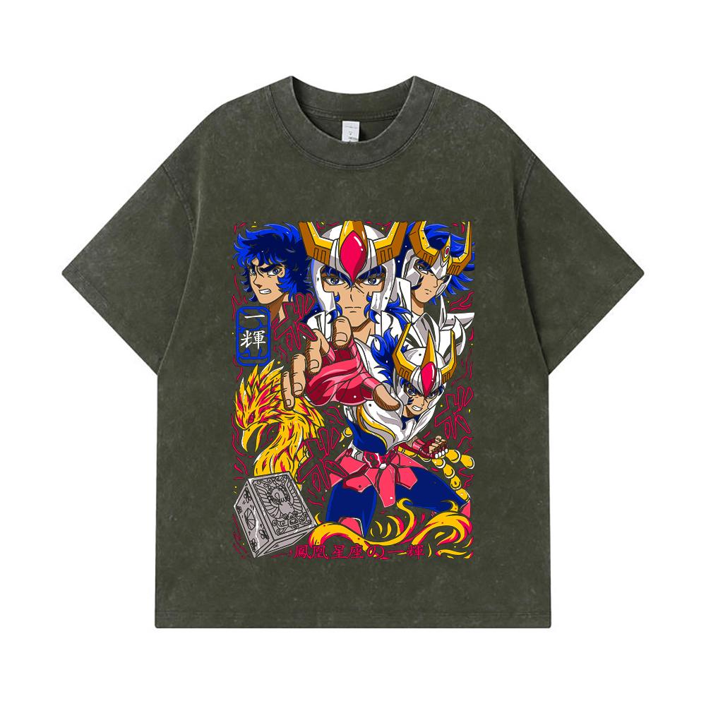 

Стиранные футболки 275 г/м² 100% Хлопок Saint Seiya V7 Принт Феникса Унисекс Тяжелая хлопковая футболка S армия зеленый