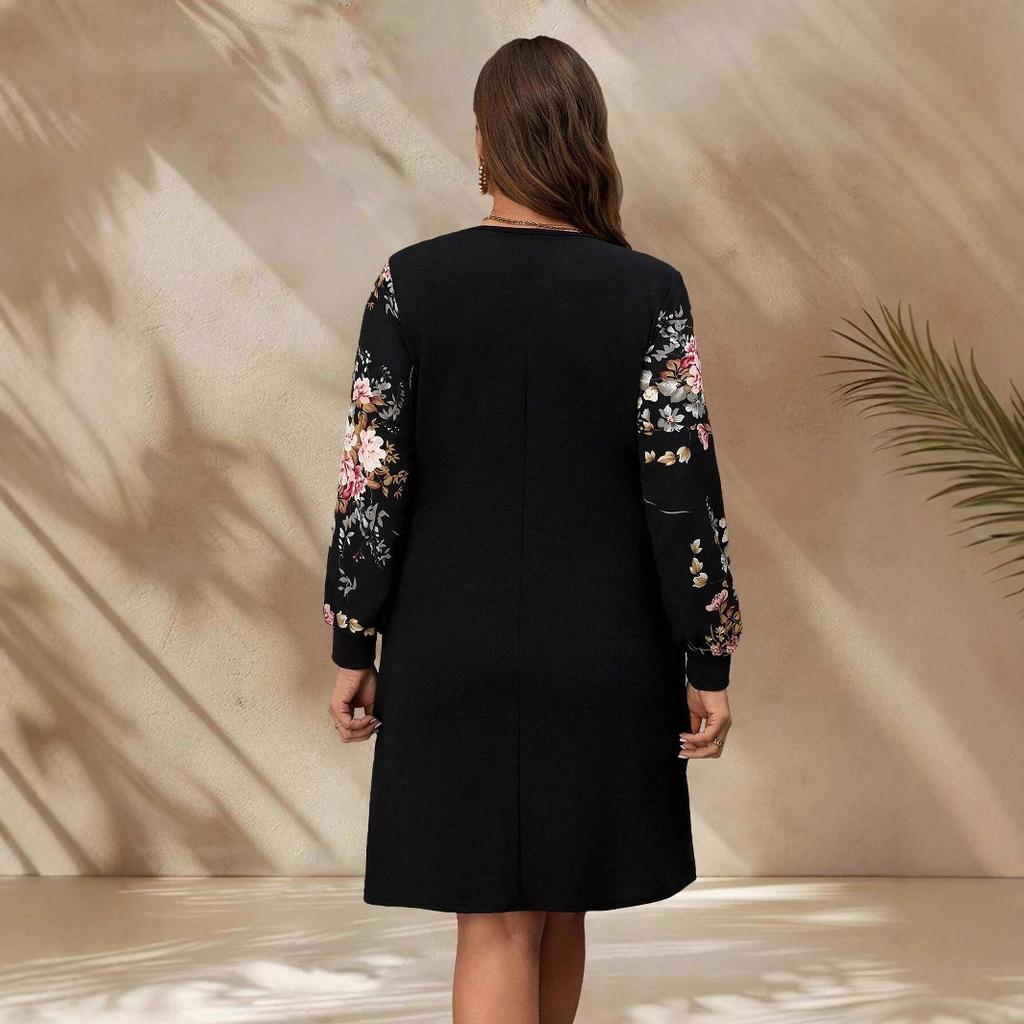 Dress, Women, Autumn and Winter, Plus Size, Round Neck, Long Sleeves, Printed Clothes, New Style, Casual Women's Clothing, Short Skirt