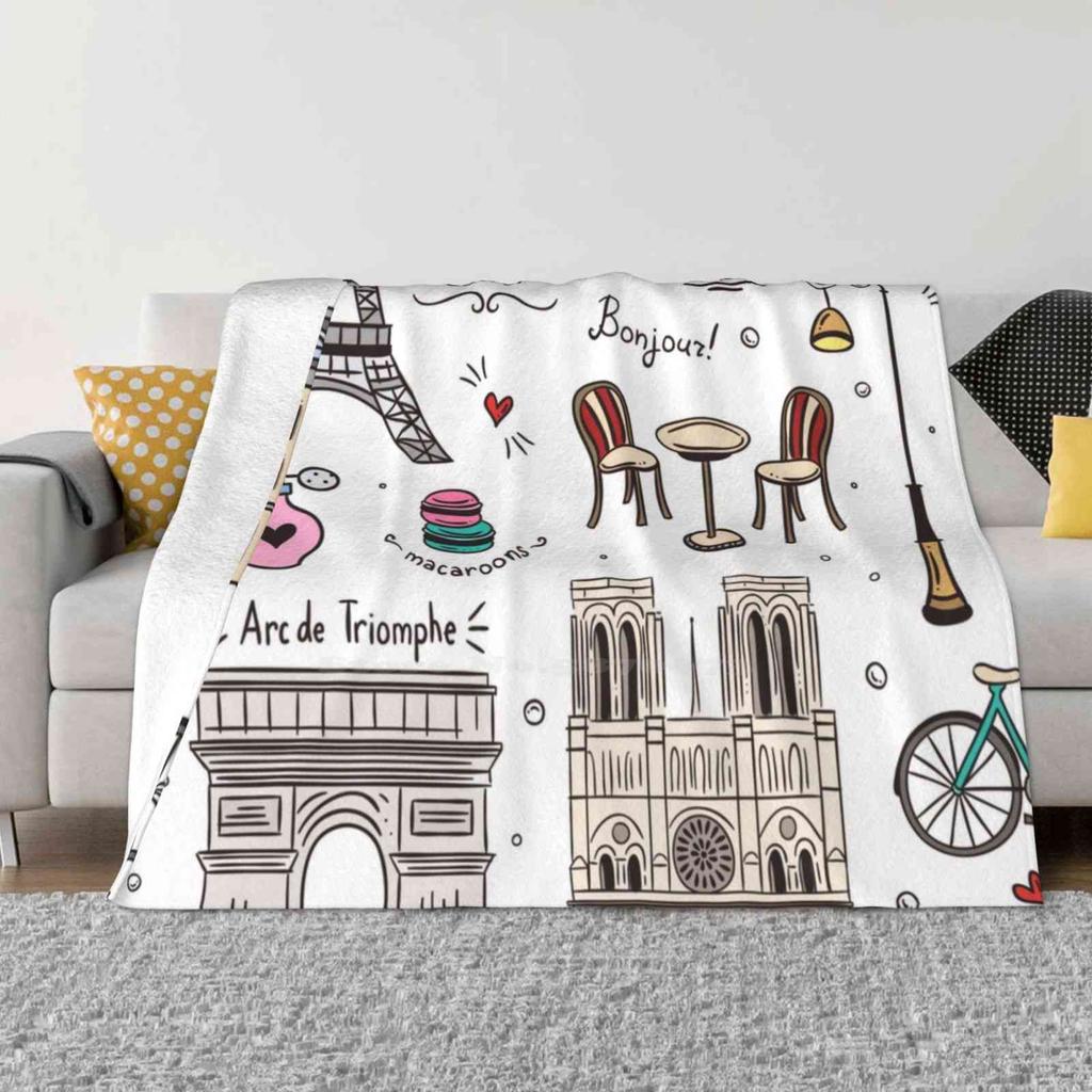 Paris Pattern Colors Blanket Soft Warm Travel Portable Blanket Paris France Eiffel Tower Cafe