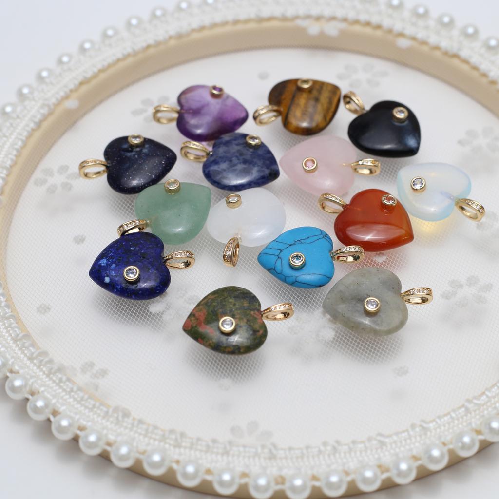 2Pcs, Natural Stone Heart Pendant with Artificial Diamond, Boho Reiki Healing Crystal Amethyst Agate Gemstone Charms for Jewelry Making DIY Necklace