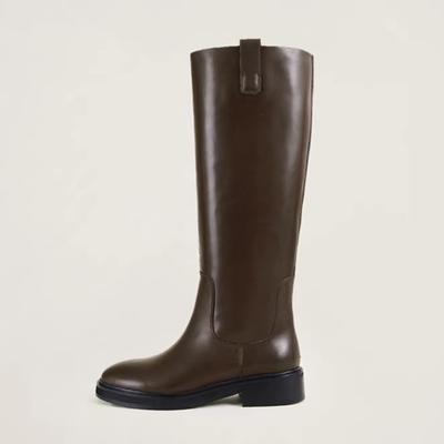 Cow Skin Leather Autumn Winter Shoes Med Heels Big Size 46 Equestrian Boots Women Keep Warm Thigh High Boots
