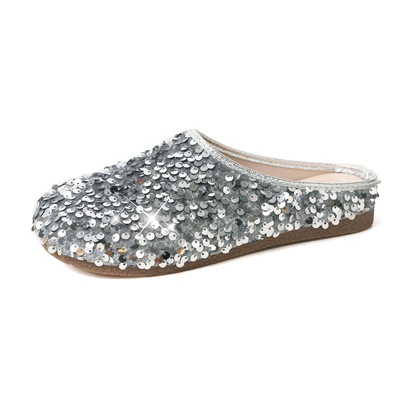 Fashion Sequined Toe Half-slipper Women's Outerwear 2025 Autumn French Style with Skirt Flat Lazy Large-sized Flip-flops