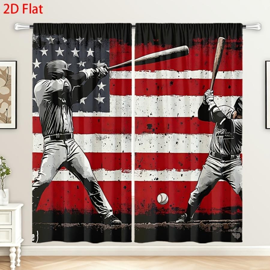 2PCS Digital Printed Curtains, American Baseball Pattern, Athletic Vintage Style for Living Room Bedroom Boys Room Decor