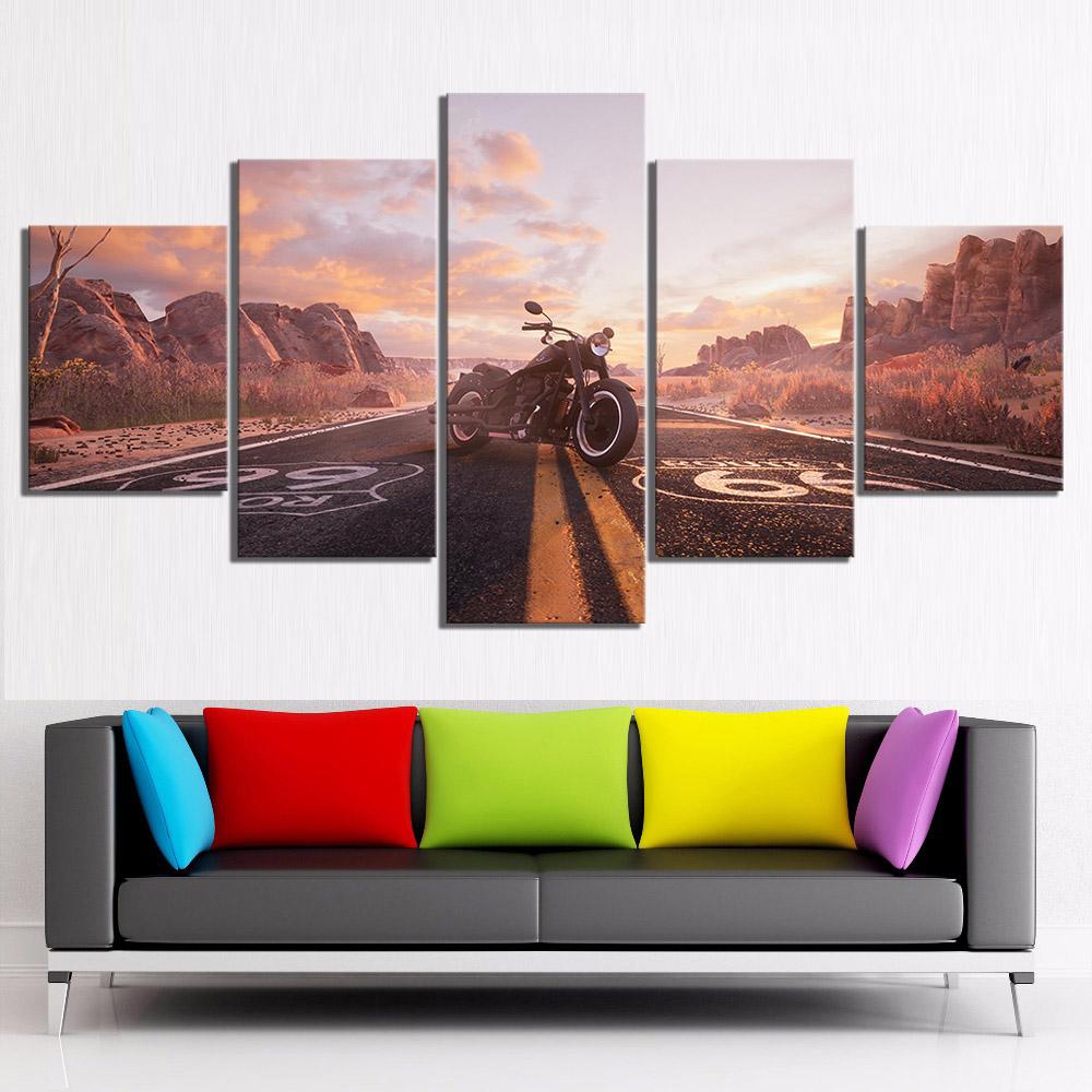 Toile Décoration Murale Peintures 5 Pièces Image HD Route Numéros Route 66 Moto Véhicule Affiche Autocollant Mural Paysage Décoration Maison