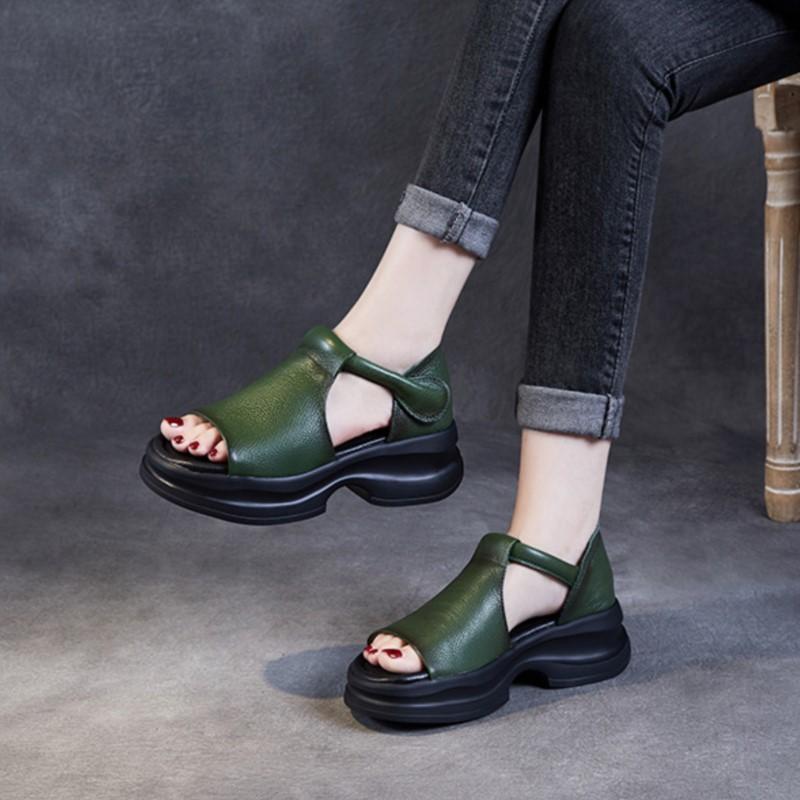 Johnature Scarpe da Donna in Vera Pelle con Suola Spessa Peep Toe Retro Sandali con Zeppa Comodi
