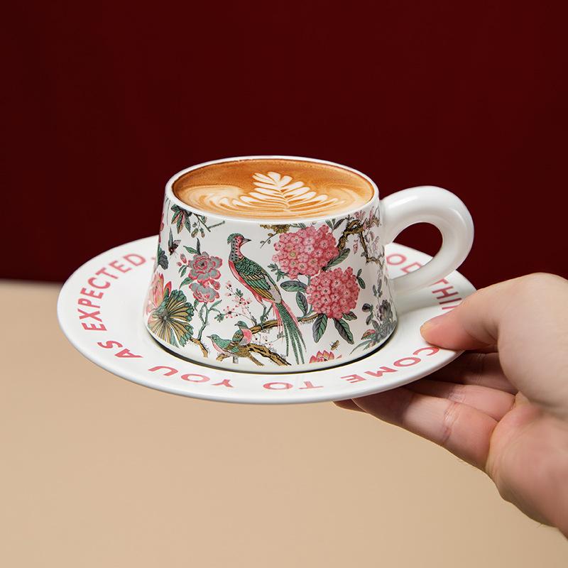 French retro ceramic mug high-end coffee cup saucer flower bird large-capacity water cup cup medieval coffee cup