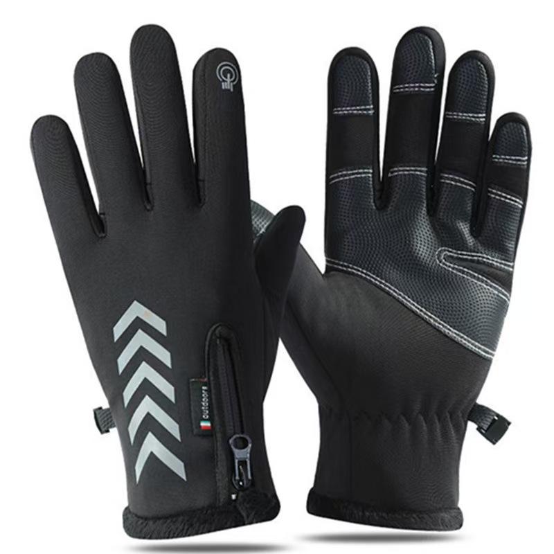 Autumn and Winter Warm Gloves Men Plus Velvet Thickened Cold Proof Waterproof Zipper Cycling Gloves Anti Slip Touch Screen Outdoor Sports