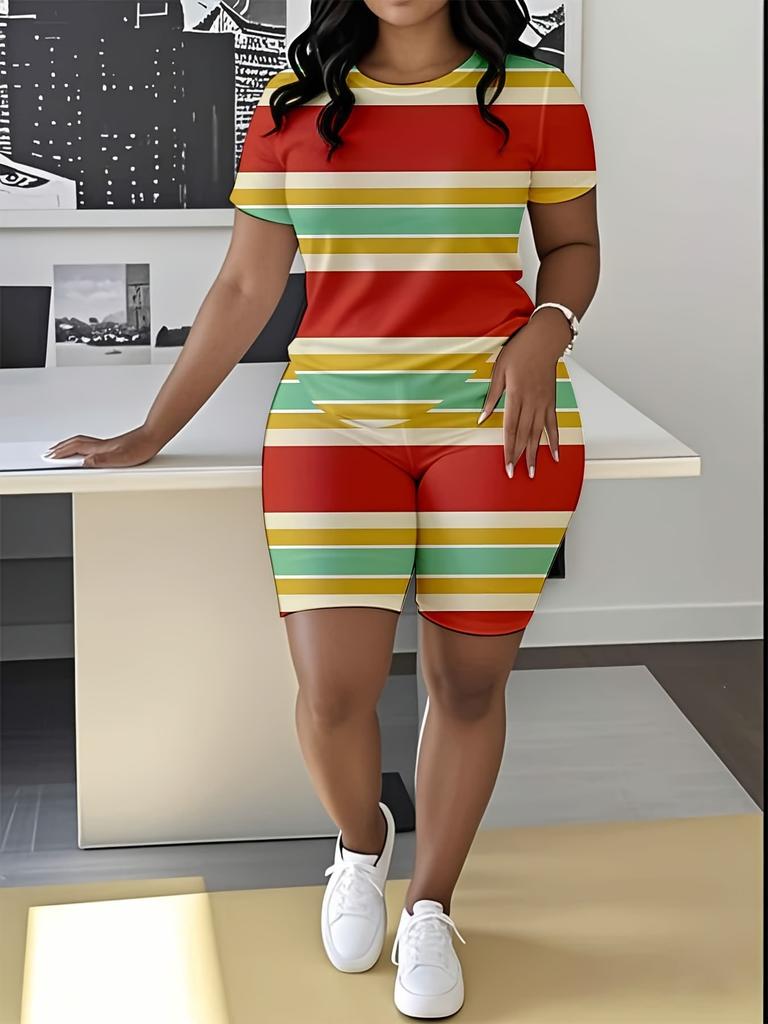 Striped code European and American women's clothing checkered printing T-shirt shorts set sports suit