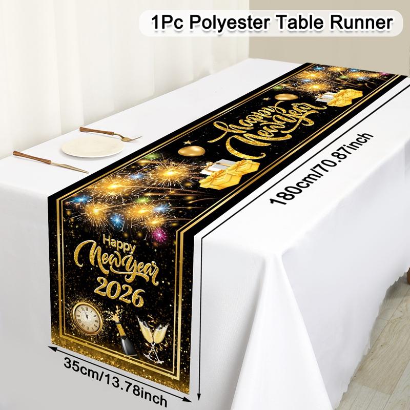 2026 Happy New Year Table Runner Fireworks Champagne Polyester Table Cover For New Year Party Kitchen Dining Table Decorations