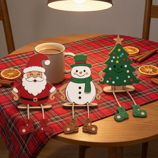 Cute Winter Window Ornaments 3Pcs 2D Wooden Christmas Hanging Ornaments, Cartoon Santa Snowman Tree Figurines Small Wood Holiday with Leg Design,