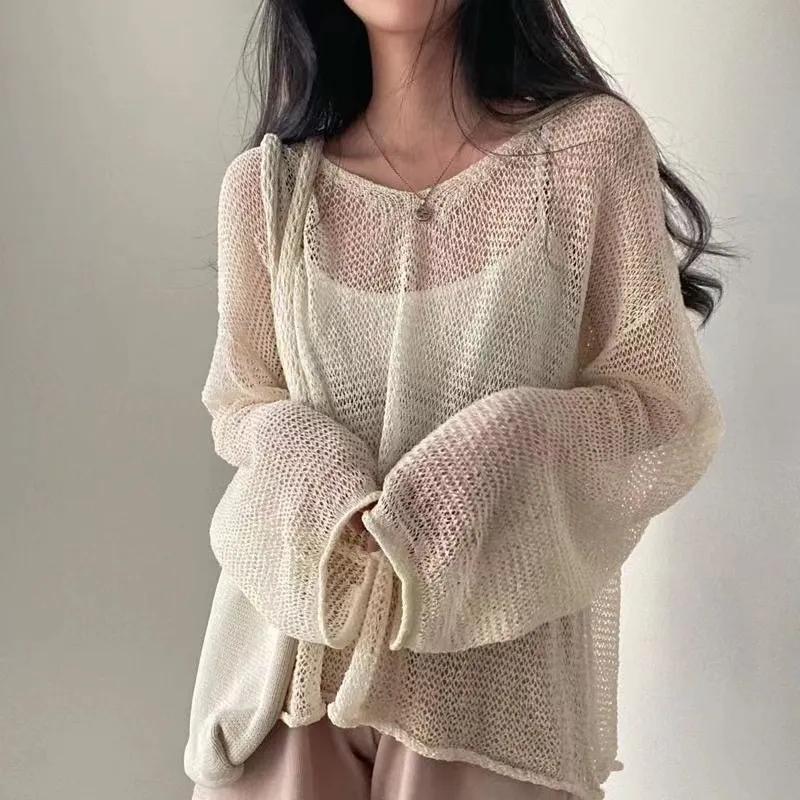 WTEMPO Loose Full Sleeve Jumpers Tops Hollow Out Solid Sexy Knitted Pullovers Women Fashion Casual Streetwear Chic Sweaters