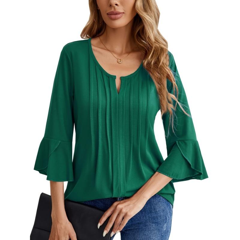 Women S Elegant Casual 3 4 Sleeve V Neck T Shirt With Ruffle Front Pleats