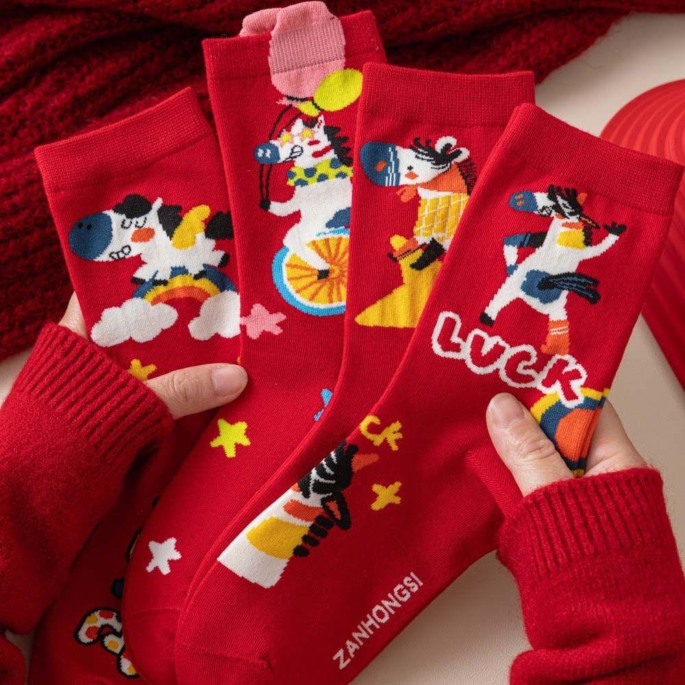 4Pairs Blessing Words Zodiac Horse Socks Cotton Winter Red Socks New Year Red Socks  Spring Festival