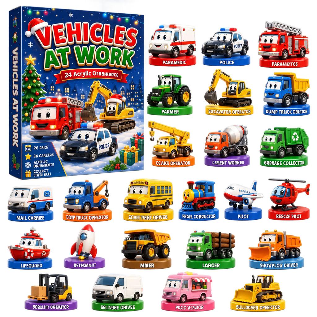 2D Vehicle Christmas Advent Calendar with Days Ornaments - Transportation Pendant Set