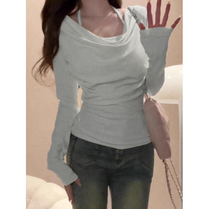 Swinging Collar Hanging Neck Long-sleeved T-shirt for Women, Slim and Thin In Spring and Autumn, Spice Girl Fake Two Pieces, Bottoming Shirt Inside