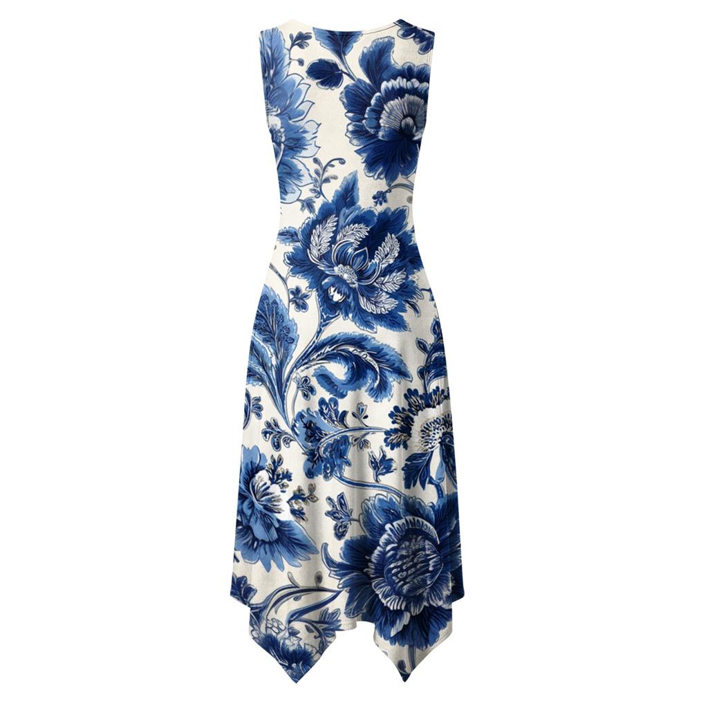 Women's Casual Sleeveless Floral Midi Dress, Round Neck Irregular Hem Summer Dress