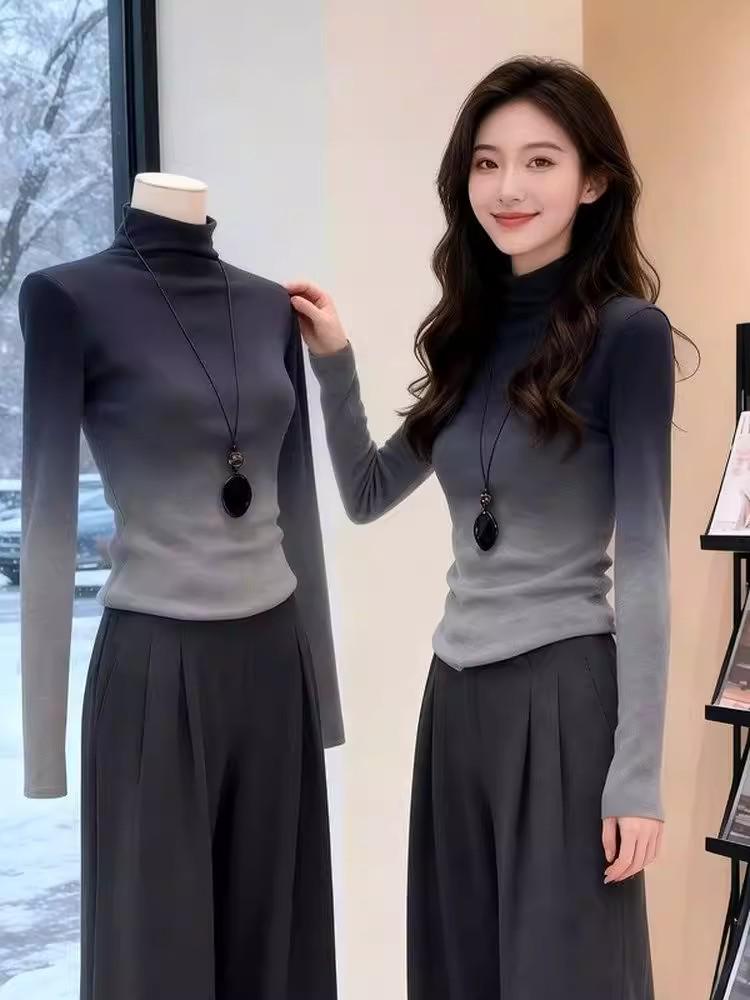 Gradient Color Women's High Neck Base Layer Top - Slimming & Versatile Autumn/Winter Style