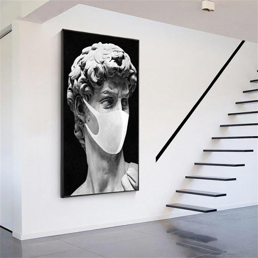 Schwarz-weiße Marmor-Skulptur-Kunstdrucke, Malerei, Maske David, klassische Wand-Leinwand-Poster, Bild für Heimdekoration, ohne Rahmen