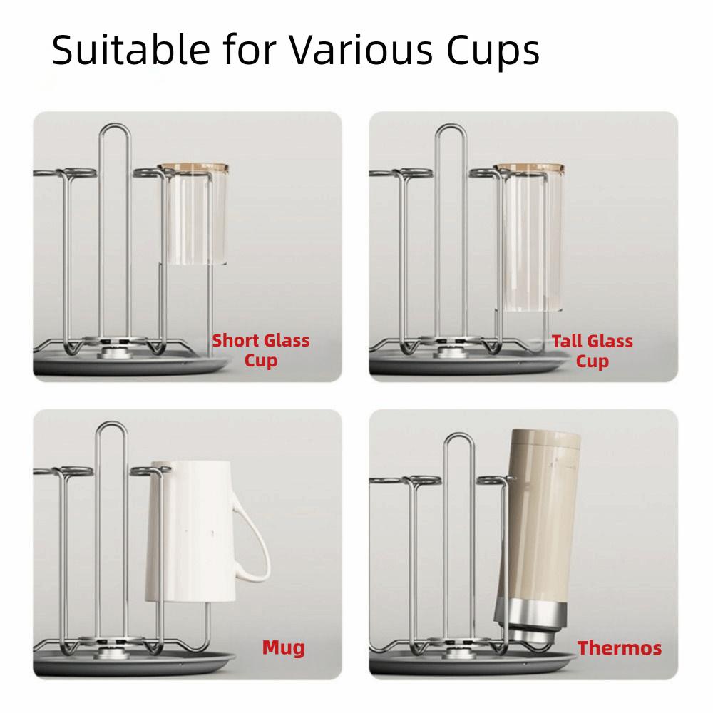 Stainless Steel Rotating Cup Holder Large Capacity Upside-Down Glass Cup Storage Rack with Tray Saving Space Cup Drying Rack