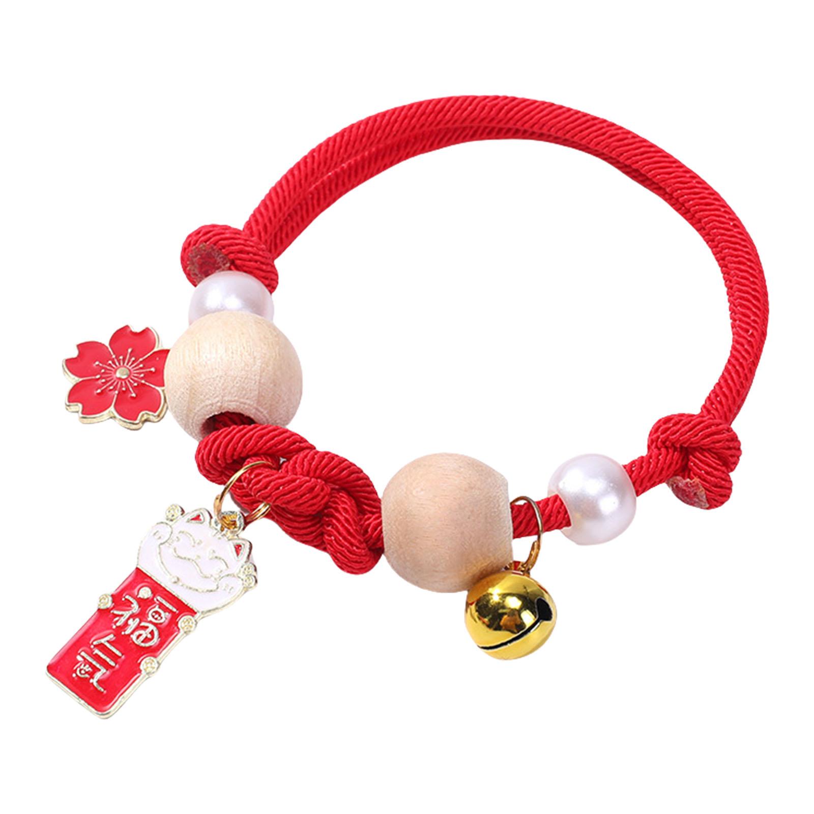 

Adjustable Cat Collar With Bell and Camphor Wood Beads Pet Necklace Collar For Kittens Indoor Outdoor Activity Wear червоний