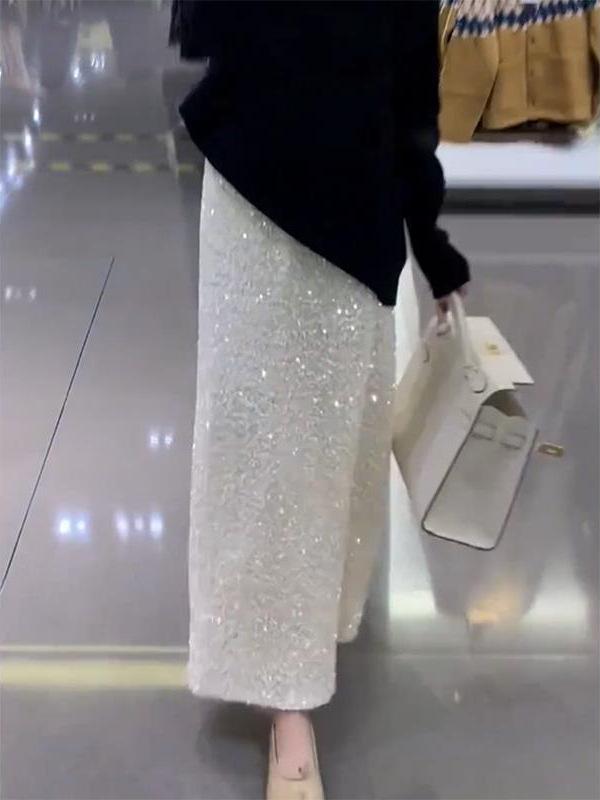 High-Waist Sequin A-Line Skirt for Women - Mid-Length, Autumn/Winter Fashionable Hip-Hugging Design